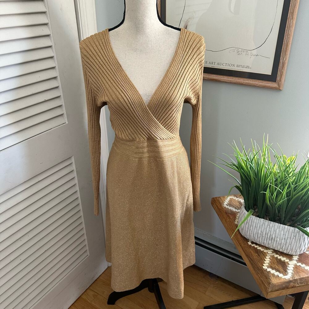 INC International Concepts Sweater Dress 0X Gold Metallic Ribbed Knit Evening